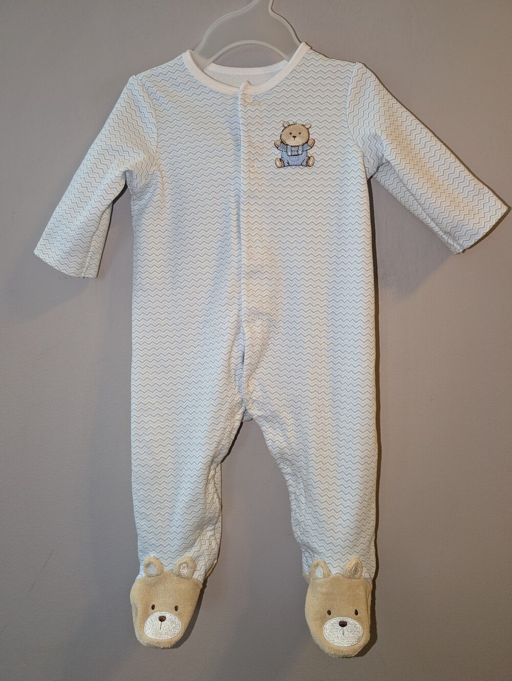 🐻 Little Me Baby Blue White One-Piece Footed Sleeper with Bear Accent 6 Months
